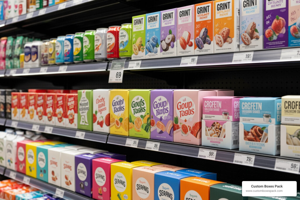 Custom printed retail packaging on premium retail shelf display